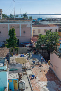 High angle view of town against clear sky