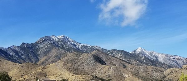 Low angle view of snowcapped mountains against blue sky