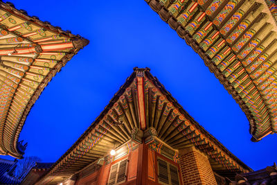 Low angle view of temple building against clear blue sky