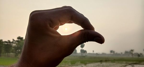 Close-up of hand against sky during sunset