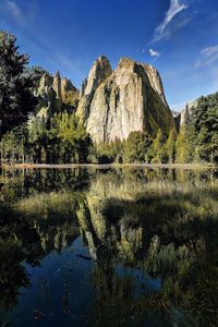 Scenic view of lake by trees against sky