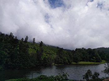 Scenic view of river by trees against sky