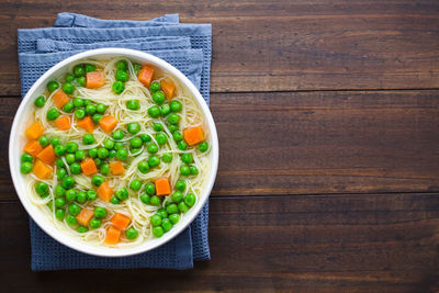 High angle view of salad in bowl on table