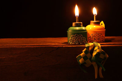 Close-up of illuminated candles on table