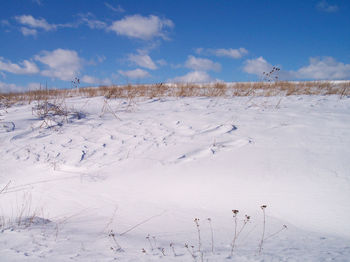 Scenic view of snow covered field against sky