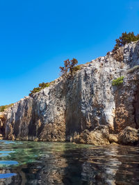 Rock formations by sea against clear blue sky