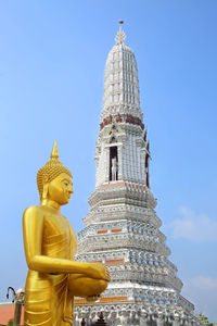 Statue of buddha and temple against building