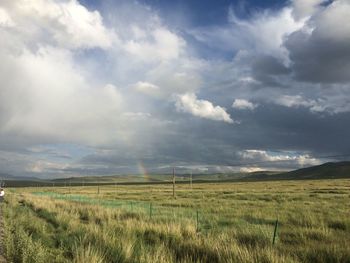 Scenic view of grassy field against cloudy sky