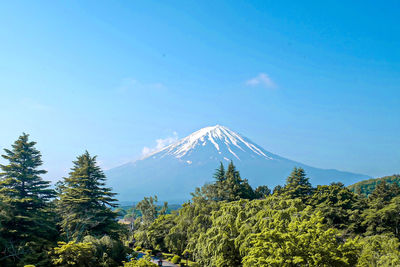 Scenic view of snowcapped mountains against blue sky