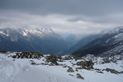 Scenic view of snow covered mountains against sky