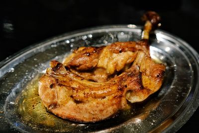 High angle view of meat in plate on table
