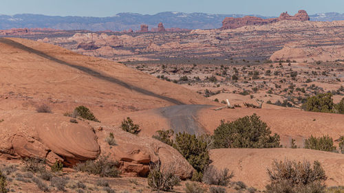 Full frame view of tire tracks on sandstone scenic terrain for off-road 4x4 adventures