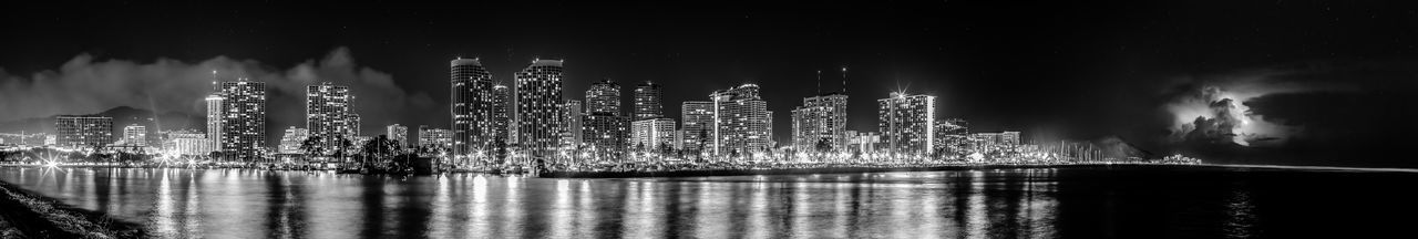 Panoramic view of illuminated sea against sky at night