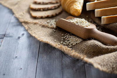 High angle view of bread on cutting board