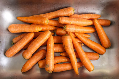 High angle view of carrots on table