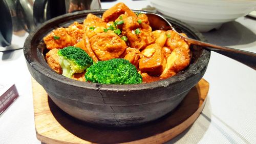 High angle view of food in plate on table