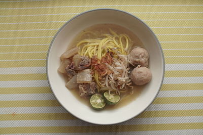 High angle view of soup in bowl