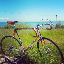 Bicycle parked on grassy field