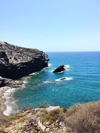 Scenic view of sea against clear blue sky