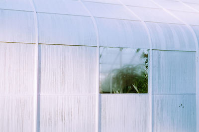 Modern building seen through glass window