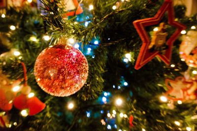 Close-up of illuminated christmas tree