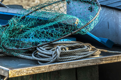 High angle view of fishing net at harbor