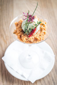 High angle view of meal served on table