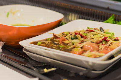 High angle view of pasta in bowl on table