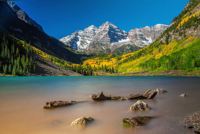 Scenic view of lake and snowcapped mountains against blue sky