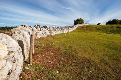 Rocks on field against sky