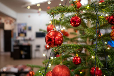 Close-up of christmas decorations hanging on tree