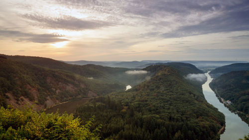 Scenic view of mountains against sky during sunset