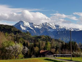 Scenic view of snowcapped mountains against sky
