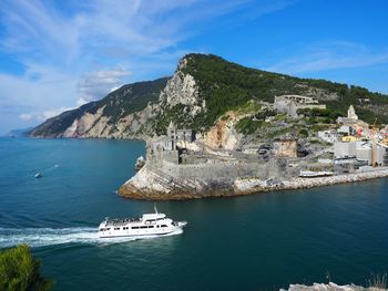 Scenic view of sea by buildings against sky