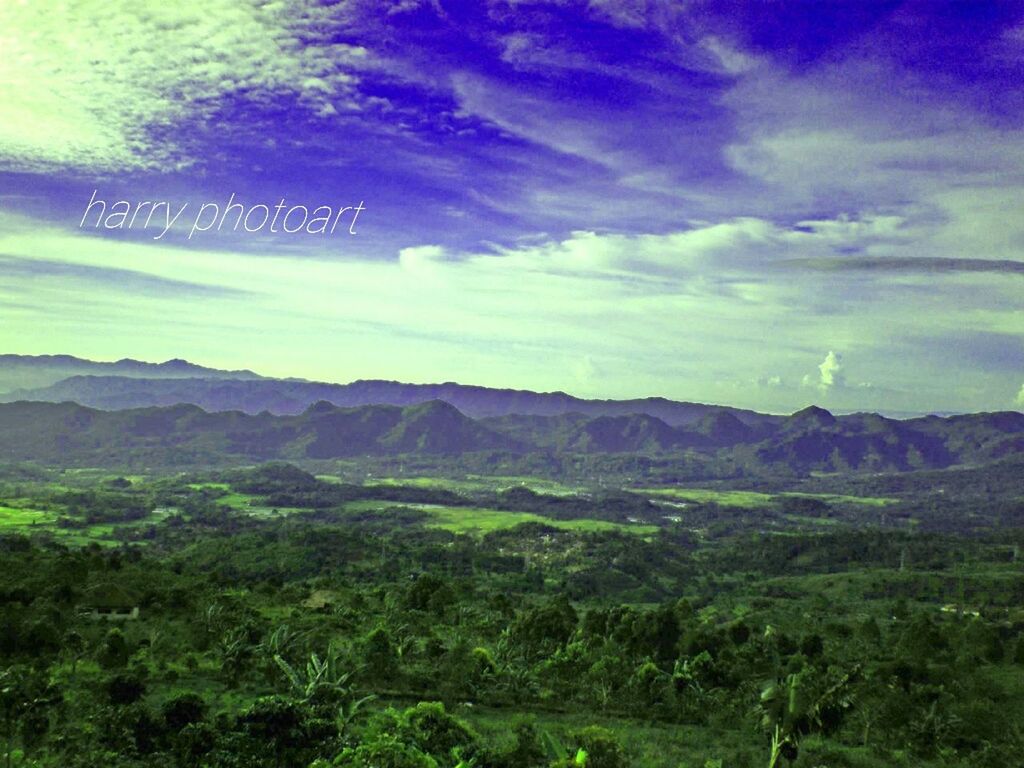 tranquil scene, mountain, scenics, tranquility, landscape, beauty in nature, sky, nature, idyllic, tree, green color, non-urban scene, mountain range, cloud - sky, growth, blue, remote, sunlight, outdoors, grass