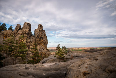 Rock formations on landscape against sky