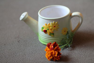 High angle view of flowers in pot on table