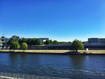 River by buildings against clear blue sky