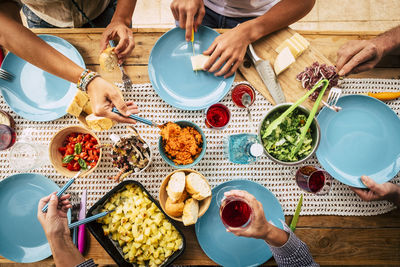 High angle view of people preparing food