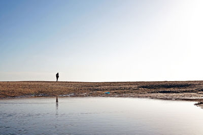 Man standing on beach against clear sky