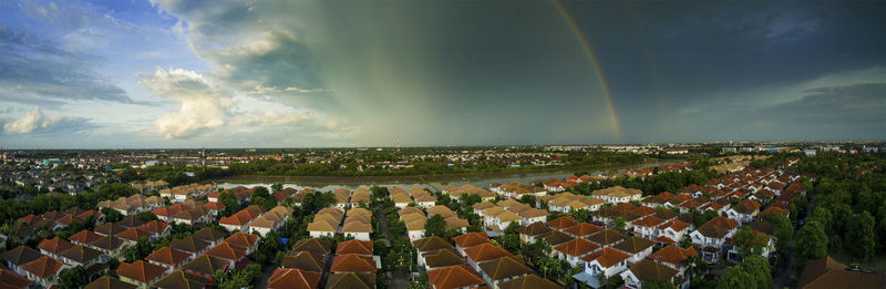 High angle view of buildings against sky