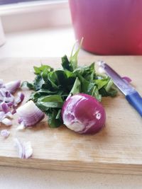 Close-up of chopped vegetables on cutting board