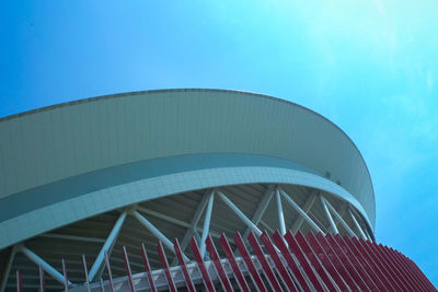 Low angle view of modern building against blue sky