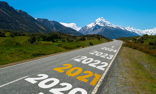 Road sign against mountain range