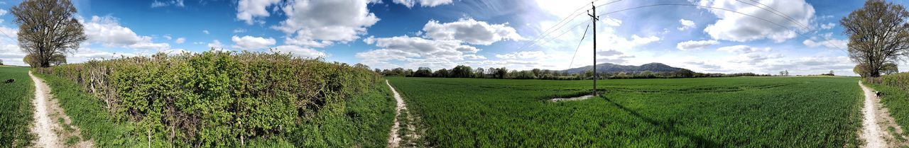 Panoramic view of golf course against sky