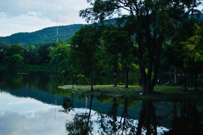 Scenic view of lake by trees against sky