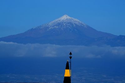 Scenic view of mountains against blue sky