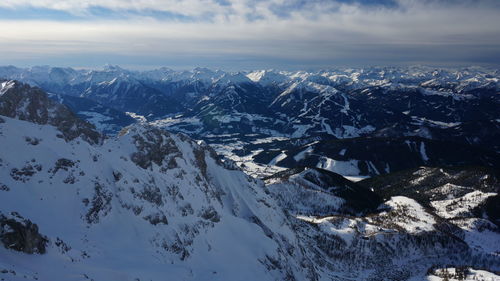 Aerial view of snowcapped mountains against sky