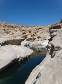 Scenic view of rock formations against clear blue sky