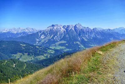 Scenic view of mountains against clear blue sky